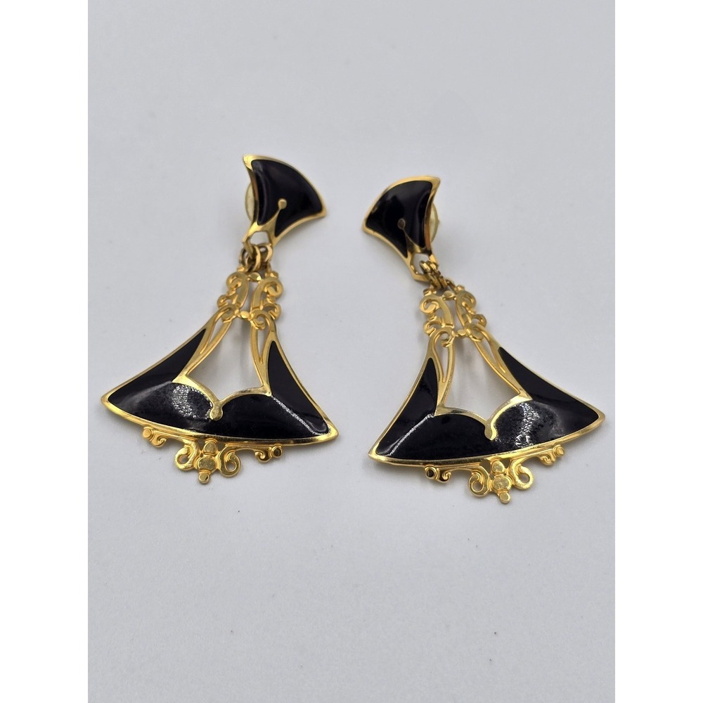 Vintage Edgar Berébi Black Enamel Gold Tone Dangle Earrings Art Deco Style - Picture 3 of 8